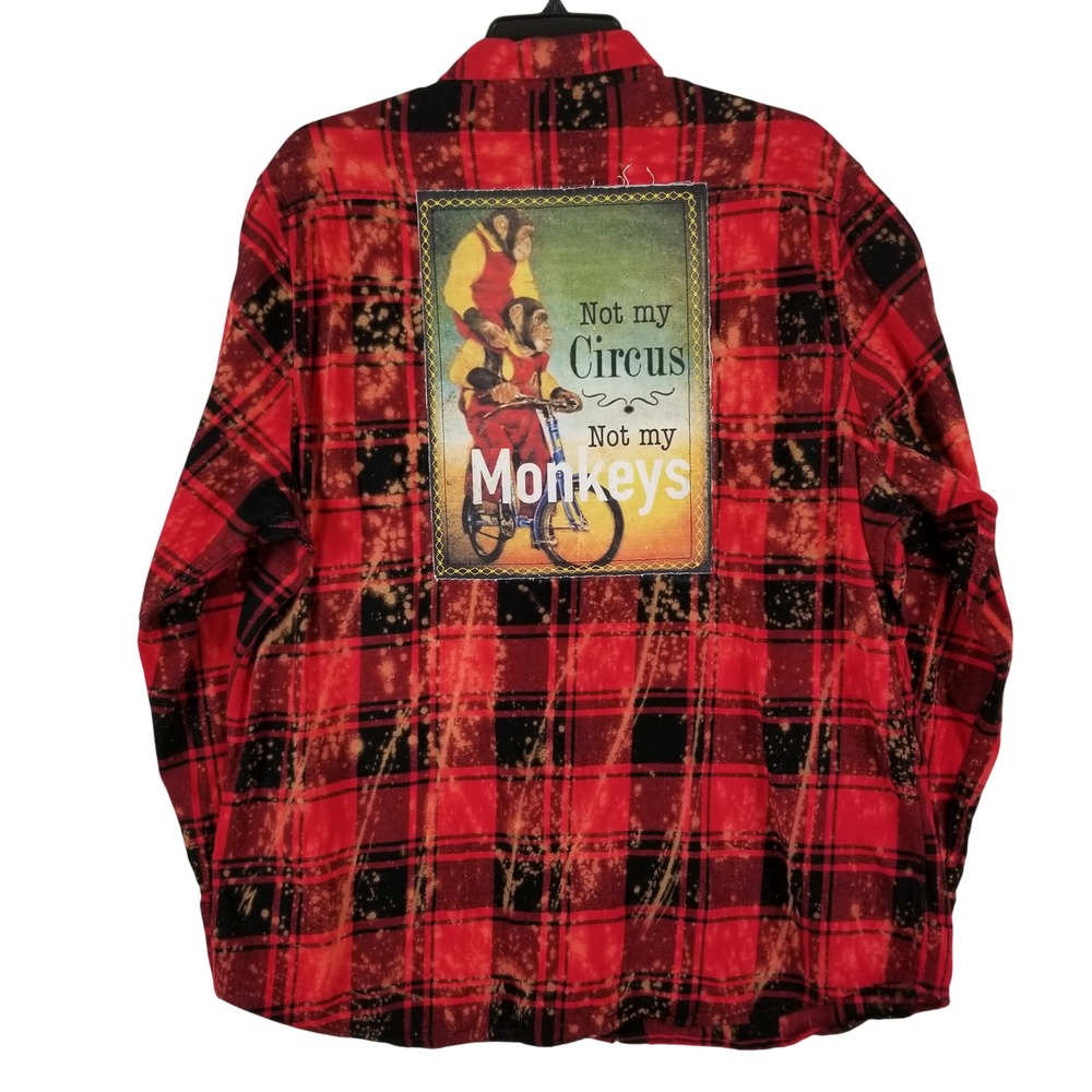 Angry Minnow Flannel Mens XXL Red Bleached Not My Circus Monkeys Patch Shirt